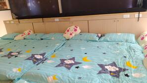 Individually decorated, desk, laptop workspace, blackout drapes