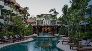Outdoor pool, pool umbrellas, pool loungers