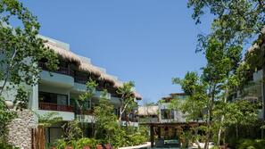 Outdoor pool, pool umbrellas, pool loungers