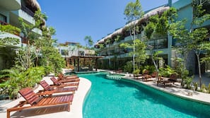 Outdoor pool, pool umbrellas, pool loungers