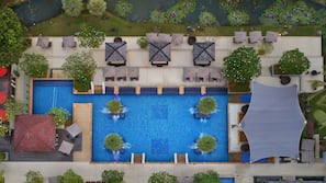 2 outdoor pools, pool loungers