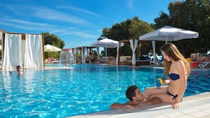 Indoor pool, seasonal outdoor pool, free pool cabanas, pool umbrellas