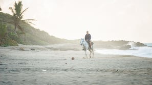 Een privéstrand, wit zand, ligstoelen aan het strand, strandlakens