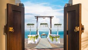 Private beach, white sand, free beach cabanas, sun-loungers