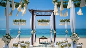 Private beach, white sand, free beach cabanas, sun-loungers