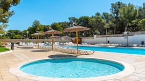 Outdoor pool, pool umbrellas, pool loungers
