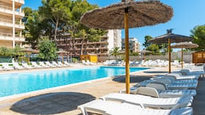 Outdoor pool, pool umbrellas, pool loungers