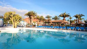 Outdoor pool, pool umbrellas, pool loungers