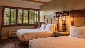 Premium bedding, pillowtop beds, desk, laptop workspace