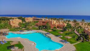Outdoor pool, pool umbrellas, pool loungers