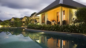 Outdoor pool, pool umbrellas, pool loungers