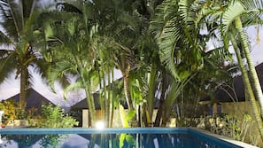Outdoor pool, pool umbrellas, pool loungers