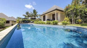 Outdoor pool, pool umbrellas, pool loungers