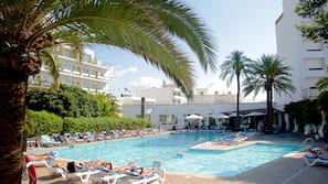Outdoor pool, pool umbrellas, pool loungers