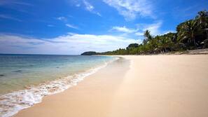 Private beach, white sand, free beach cabanas, sun-loungers