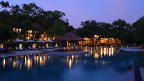 Outdoor pool, pool umbrellas, pool loungers