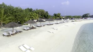 Private beach, white sand, free beach cabanas, sun-loungers