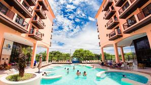 Outdoor pool, pool umbrellas, pool loungers