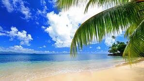 Private beach, white sand, free beach cabanas, sun-loungers