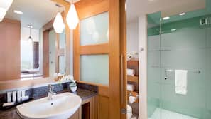Shower, eco-friendly toiletries, hair dryer, towels