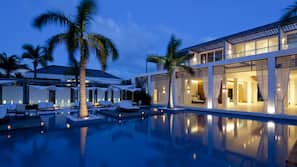 Outdoor pool, pool umbrellas, pool loungers