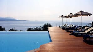 Seasonal outdoor pool, pool umbrellas, sun loungers