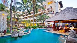 Outdoor pool, open 8 AM to 10 PM, pool umbrellas, sun loungers