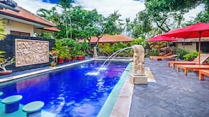 Outdoor pool, pool umbrellas, pool loungers