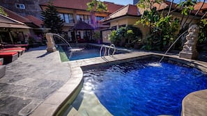 Outdoor pool, pool umbrellas, pool loungers