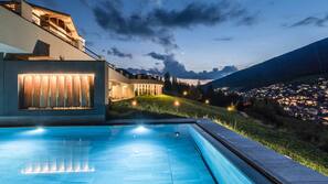 Indoor pool, outdoor pool, pool umbrellas, sun loungers