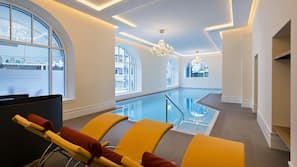 Indoor pool, open 8 AM to 7 PM, sun loungers