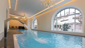 Indoor pool, open 8 AM to 7 PM, sun loungers