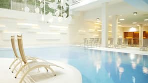 2 indoor pools, seasonal outdoor pool, pool umbrellas, pool loungers