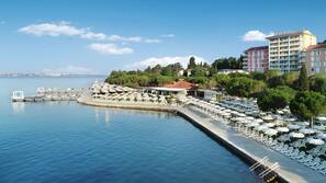 On the beach, sun-loungers, beach umbrellas, beach massages
