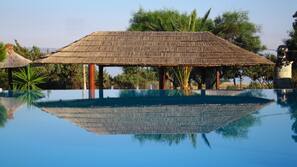 Outdoor pool, pool umbrellas, sun loungers