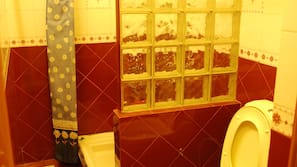 Combined shower/bathtub, free toiletries, hair dryer, towels