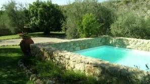 Piscina stagionale all'aperto, ombrelloni da piscina, lettini