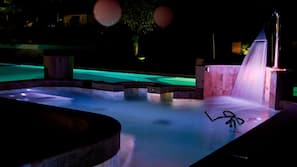 Seasonal outdoor pool, pool umbrellas, pool loungers