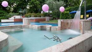 Seasonal outdoor pool, pool umbrellas, pool loungers