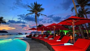 Indoor pool, outdoor pool, pool umbrellas