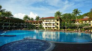 Indoor pool, outdoor pool, pool umbrellas