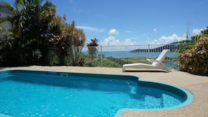 Outdoor pool, pool umbrellas, pool loungers