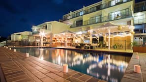 Outdoor pool, pool umbrellas, pool loungers