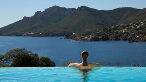 Outdoor pool, pool umbrellas, pool loungers