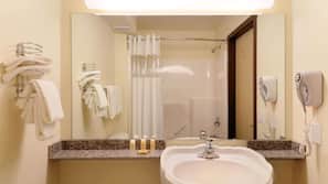Combined shower/tub, free toiletries, hair dryer, towels
