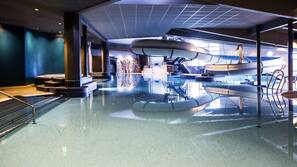 Indoor pool, outdoor pool, sun loungers