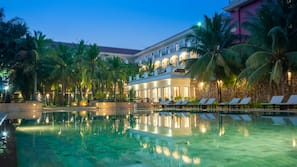 Outdoor pool, pool umbrellas, pool loungers