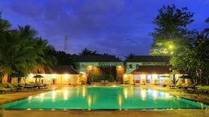 Outdoor pool, pool umbrellas, pool loungers