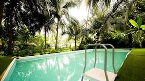 Piscine extérieure, parasols de plage, chaises longues