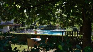 Seasonal outdoor pool, pool umbrellas, sun loungers